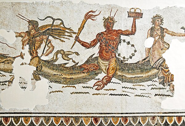 Late Roman mosaic from the Trajan Baths of Acholla showing three aquatic deities: Phorcys (middle), Ceto (right), and Triton or Thaumas (left). Bardo 