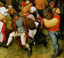 In De dans van de bruid in de open lucht schilderde Pieter Brueghel de Oude verschillende figuren met opvallende stoffen vliegen.