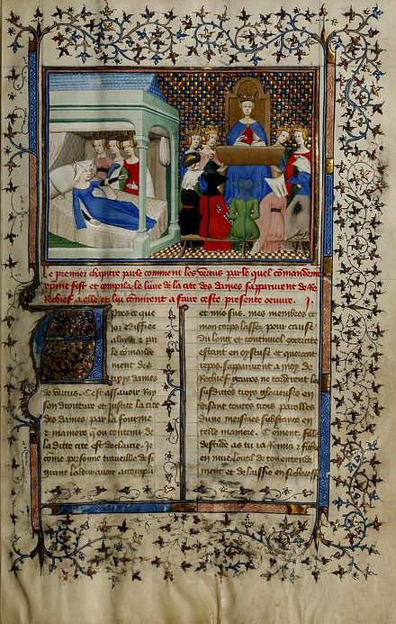 One page of Christine's book Le livre des trois vertus. In the illumination Christine is kept from rest by the Three Virtues.