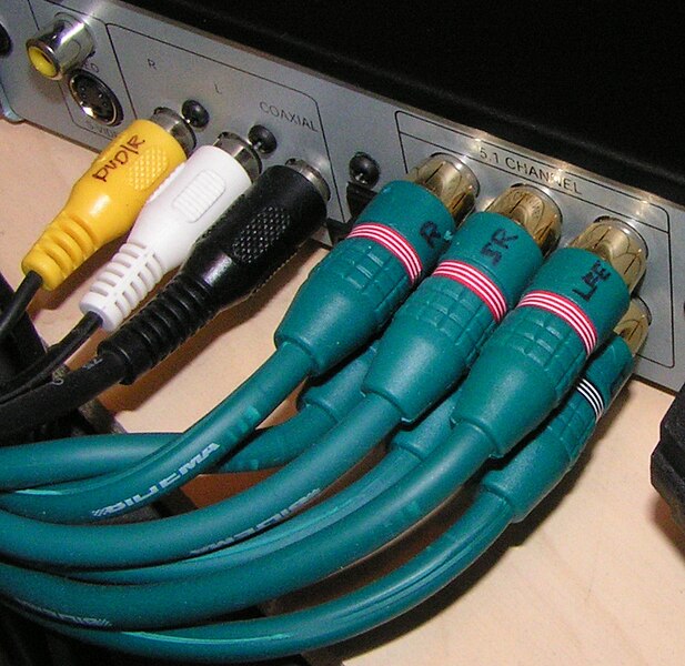 File:Plugged in RCA cables for analog stereo (yellow, white), digital audio (black) and analog 5.1 surround (turquoise) on back of DVD player.jpg