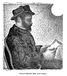 Der Maler sitzt im Profil, hat einen Hut auf dem Kopf, einen Bart und eine kleine Brille.