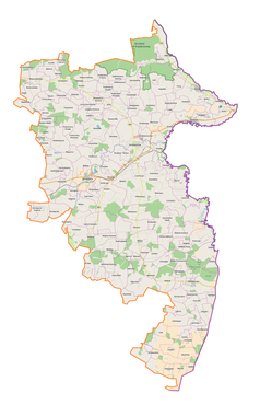 Mapa konturowa powiatu hrubieszowskiego, na dole nieco na prawo znajduje się punkt z opisem „Żniatyn”