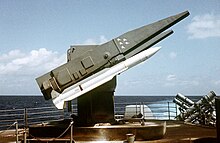 RIM-66 Standard missiles on launcher aboard USS Ticonderoga (CG-47) during tests off Puerto Rico March 1983.jpg