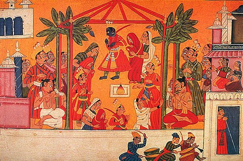 The marriage of the four sons of Dasharatha with the four daughters of Siradhvaja and Kushadhvaja Janakas. Rama and Sita, Lakshmana and Urmila, Bharata and Mandavi and Shatrughna with Shrutakirti.