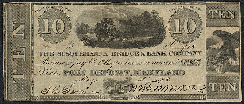 File:Recto Susquehanna Bridge & Bank Company 10 dollars 1833 urn-3 HBS.Baker.AC 1124408.jpeg