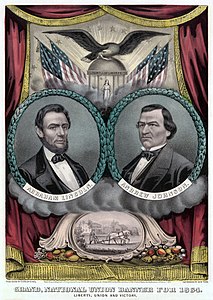 1864 ABD başkanlık seçimleri için yapılan Cumhuriyetçi Parti'nin kampanya posteri: Başkan adayı Abraham Lincoln ve yardımıcısı adayı Andrew Johnson. (Üreten: Currier and Ives)