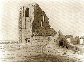 Caspar David Friedrich, Façade ouest des ruines d'Eldena avec un four et une grange, vers 1837.