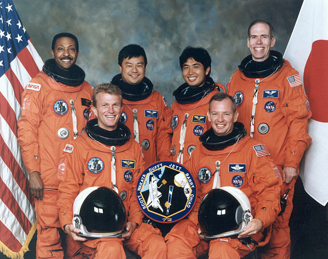 Left to right - Seated: Jett, Duffy; Standing: Scott, Chiao, Wakata, BarrySpace Shuttle program← STS-74 (73)STS-75 (75) →