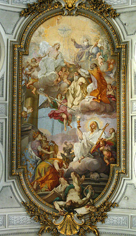 Nave vault fresco of the Glory of San Gregorio and San Romualdo (top) and Triumph of Faith over Heresy (bottom), by Placido Costanzi (1727) San Gregorio al Celio - affresco soffitto - antmoose.jpg