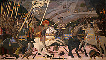保罗·乌切洛的《圣罗马诺之战》，182 × 320cm，约作于1455-1460年，自1857年起收藏[20]