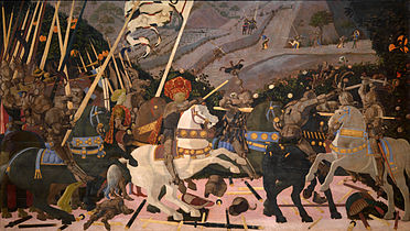 Niccolò Mauruzi da Tolentino at the Battle of San Romano (probably c. 1438–1440), egg tempera with walnut oil and linseed oil on poplar, 182 × 320 cm, National Gallery, London.[8]