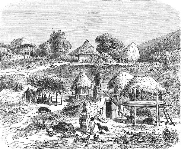 A shatra (village) founded by Roma slaves, as depicted in an 1860 engraving by Dieudonné Lancelot