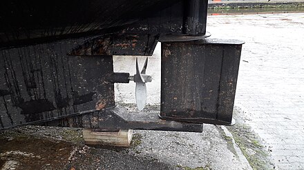 Schilling rudder on a river barge. The pivot point is 36% of the length from the leading edge, both to promote efficiency and to lessen the turning effort. (Note the anti-cavitation plates above the propeller and atop the forepart of the rudder). Schilling rudder on an English wide-beam river barge.jpg