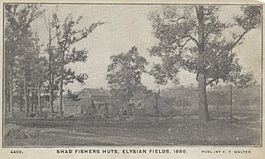 Shad fishers' huts located at the Elysian Fields, 1880 Shad Fishers Huts, Elysian Fields, Hoboken, 1880.jpg