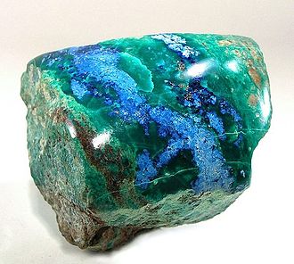 Shattuckite with malachite, polished specimen, New Cornelia mine. Size 5.3 x 5.1 x 5.0 cm. Shattuckite-47277.jpg