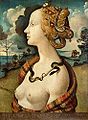 Auch in der italienischen Frührenaissance ist die hohe Stirn modern, dazu 'goldenes' Haar. Piero di Cosimo: Porträt der Simonetta Vespucci, ca. 1480