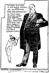 Journalist Marguerite Martyn drew this sketch of herself wearing a hobble skirt while interviewing millionaire Edward Howland Robinson Green in 1911, with a quotation from him. Sketch by Marguerite Martyn of Edward H.G. Green and herself, 1911.jpg