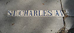 19th century street-name tiles in sidewalk StChasTilesSidewalk.jpg