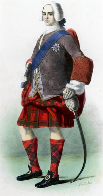 A Victorian era, romanticised depiction of a member of the clan by R. R. McIan, from The Clans of the Scottish Highlands, published in 1845.