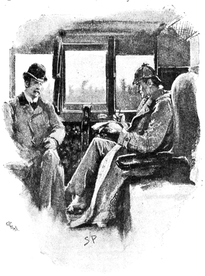 Dr. Watson and Sherlock Homes in a compartment of a railway carriage.
