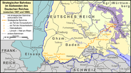 Map depicting strategic railway construction in southwestern Germany between 1887 and 1890. Strategischer Bahnbau in Sudbaden new.png