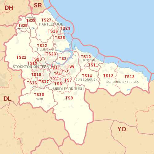 TS postcode area map, showing postcode districts in red and post towns in grey text, with links to nearby DH, DL, SR and YO postcode areas. TS postcode area map.svg