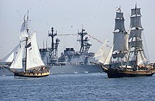 On the left, the replica Providence in Boston, 1980 Tall Ships in Boston Harbor (8638119404).jpg