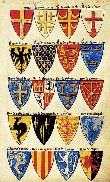 A section of Segar's Roll, a 17th-century copy of a late 13th-century English roll of arms. Crosses are shown on the arms of: the legendary Prester Jo