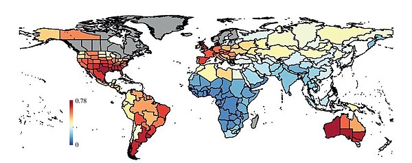 The proportion of extinct large mammal species (more than or equal to 10 kg (22 lb)) in each country during the last 132,000 years, only counting exti
