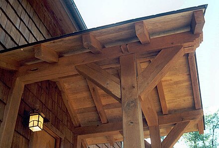 Detail of a porch in a modern timber-framed house