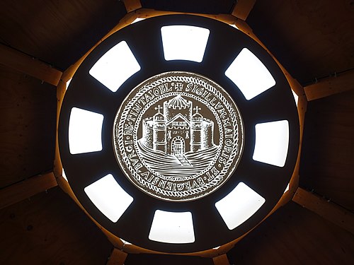 Seal in the roof of the visitor centre of Tintagel, Cornwall, England