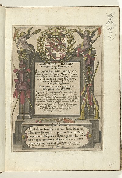 Titelpagina voor een Franse editie van Jacob de Gheyns Wapenhandelinghe van Roers Musquetten ende spiessen, 1608 Maniement d'armes, d'arquebuses, mousquetz et piques en conformité de l'ordre de Mour le Prince Maurice, P, BI-B-FM-008-0