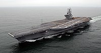 US Navy 030505-N-0610T-001 Sailors aboard the Precommissioning Unit (PCU) Ronald Reagan took the world's newest aircraft carrier out to sea for the first time during Builder's Sea Trials off the coast of Virginia.jpg