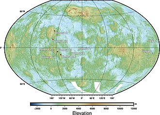 Global topographic map of Venus, with all probe landings marked (red: returned images; with additional black dot: analyzed samples). VenusLanderTopo.jpg