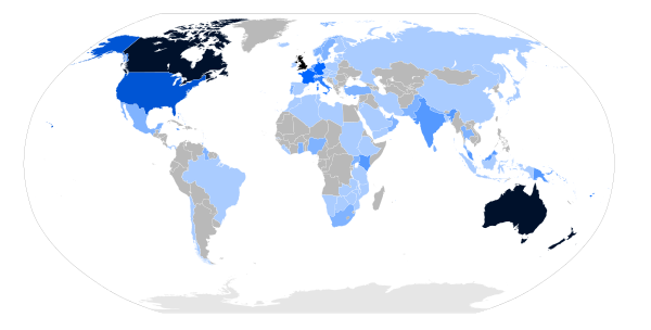 Overseas trips made by Elizabeth II. A darker colour corresponds to a greater number of visits