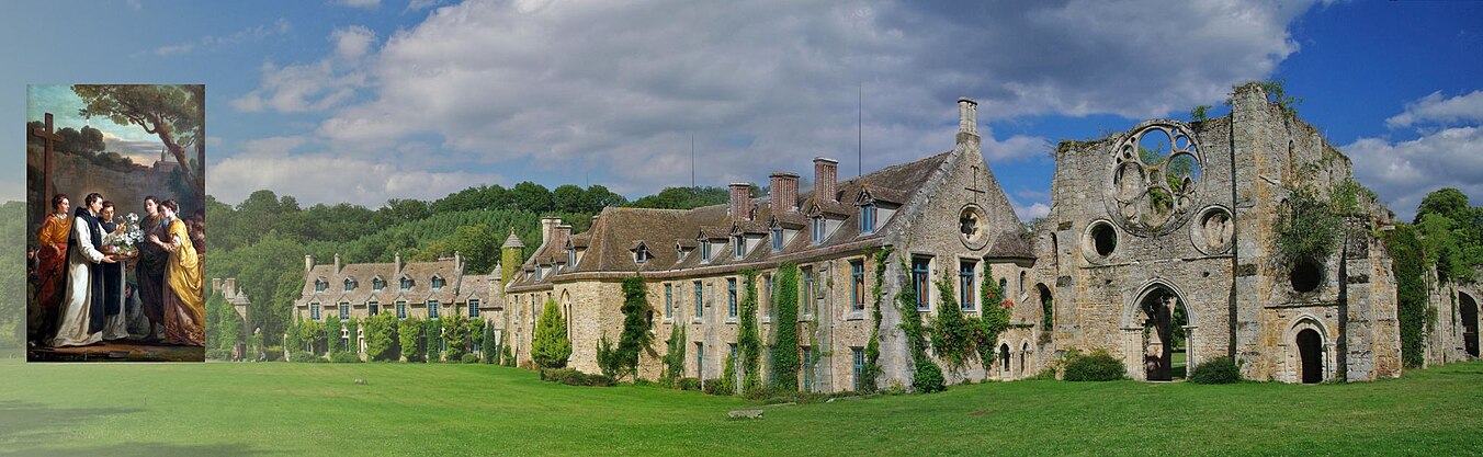 (1) Abbaye des Vaux-de-Cernay. (2) L'abbé Thibaut offrant une gerbe de 13 lys au roi Louis IX et à son épouse Marguerite de Provence anticipant la naissance des 13 enfants de la reine. L'original du tableau est à Versailles  Joseph-Marie Vien,1716-1809.