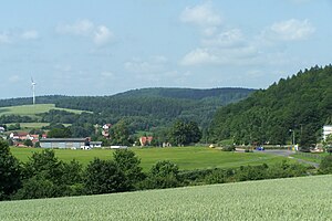 Lehnberg (in the background) and Ritzberg (with wind turbine)