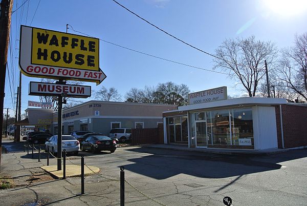 The first Waffle House restaurant (now a museum), Avondale Estates, Georgia. Note original "syrupy" font on the sign.