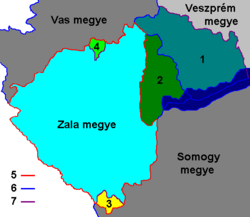 The formation of modern Zala County. (1) and (2) territories assigned from Zala County to Veszprem County in 1950. (2) territory reincorporated into Zala County in 1978. (3) territory assigned from Somogy County to Zala County in 1950. (4) territory assigned from Vas County to Zala County in 1950. Zala 1950.PNG