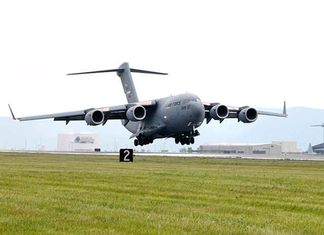 The first C-17 Globemaster III assigned to the 105th Airlift Wing lands at Stewart AGB on 11 July 2011.