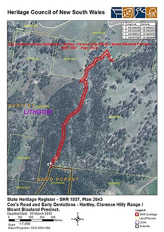 Heritage boundaries show the route of the road 1957 - Cox's Road and Early Deviations - Hartley, Clarence Hilly Range - Mount Blaxland Precinct - SHR 1957. Heritage Council Plan 2643.- satellite view (5062554b100).jpg