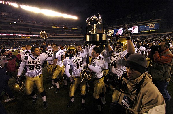 Navy celebrates winning the Commander-in-Chief's Trophy after winning the 2005 Army–Navy Game on December 3, 2005.