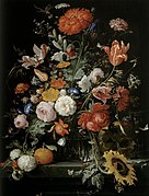 Natura morta di fiori con arancia, clessidra e teschio (1670 circa), di Abraham Mignon, Collezione privata