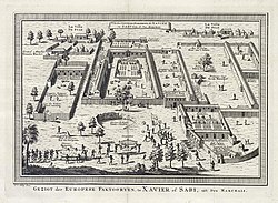 Et grafisk trykk som viser handelsfort i Sabi, hovedstaden i kongedømmet Whydah. 1747