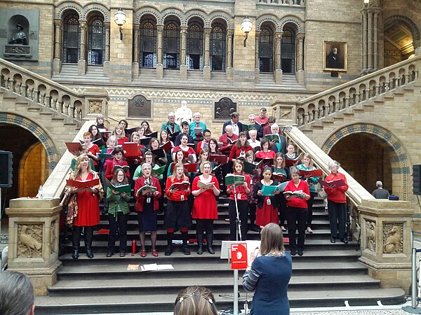 A choir singing from Carols for Choirs in the Natural History Museum, London