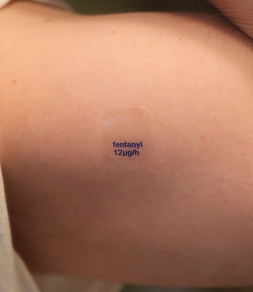 File:A generic fentanyl transdermal patch, with a release rate of 12mcg per hour, applied to the skin (cropped).jpg