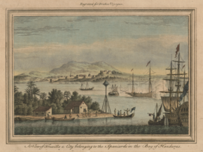 A view of Truxillo Bay and city on the coast of Honduras / 1796 lithograph by Thomas Bowen / via LC A view of Truxillo, a city belonging to the Spaniards in the Bay of Honduras LCCN2003666724.png