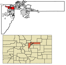 Adams County and Jefferson County Colorado Incorporated and Unincorporated areas Arvada Highlighted 0803455.svg