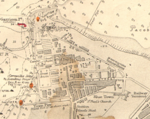 Plan of the rebuilt dockyard (as depicted on an Admiralty Chart in 1930). Garrison Point is at the top; the River Medway is on the left and the Thames Estuary top right. Admiralty Chart No 3683 Sheerness and Approaches, Published 1930 (cropped).png