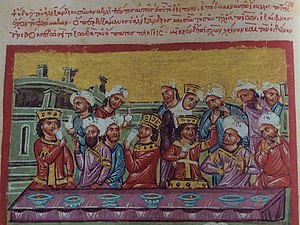 Príbeh o Alexandrovi Veľkom, byzantská iluminácia zo 14. storočia, (Hellenic Institute codex 5 f. 193v)